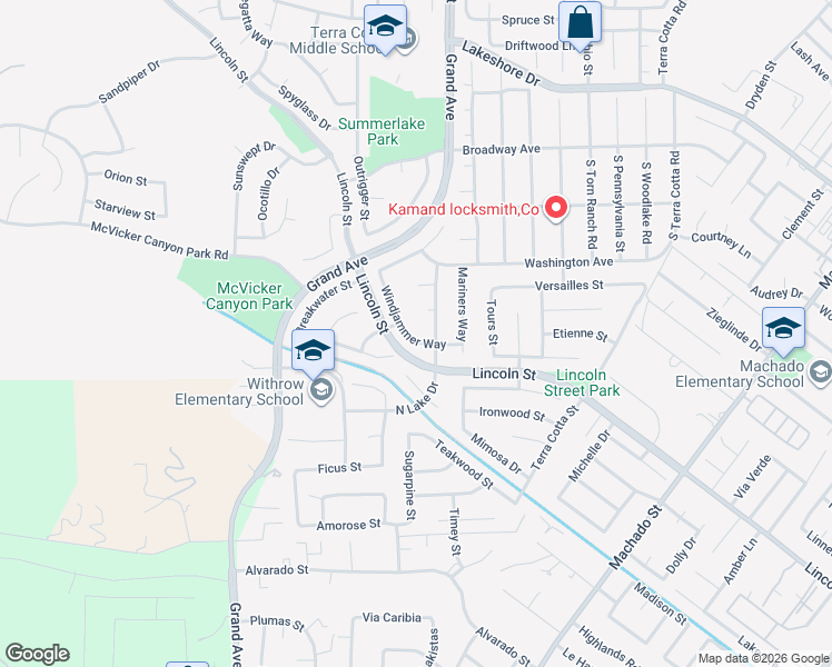 map of restaurants, bars, coffee shops, grocery stores, and more near 15244 Windjammer Way in Lake Elsinore