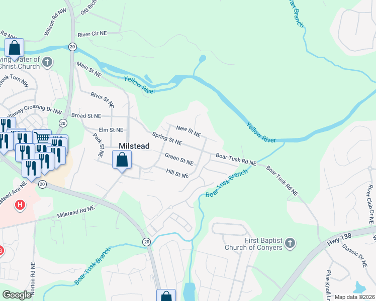 map of restaurants, bars, coffee shops, grocery stores, and more near 1802 Spring Street Northeast in Conyers