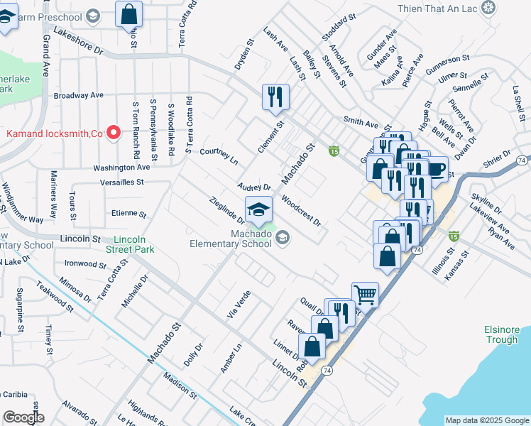 map of restaurants, bars, coffee shops, grocery stores, and more near 684 Parkview Drive in Lake Elsinore