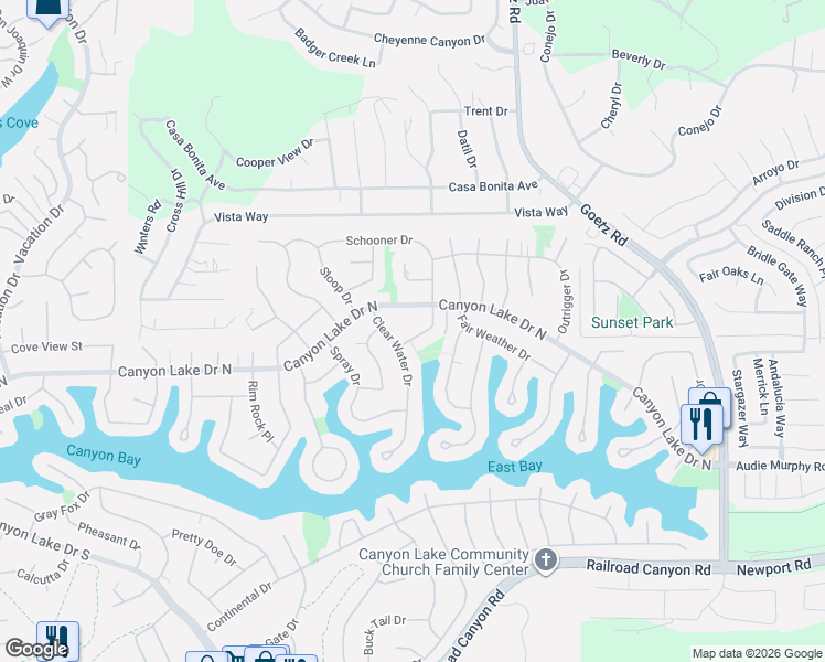 map of restaurants, bars, coffee shops, grocery stores, and more near 30051 Steel Head Drive in Canyon Lake