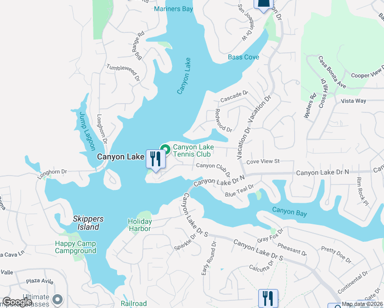 map of restaurants, bars, coffee shops, grocery stores, and more near 22486 Lighthouse Drive in Canyon Lake