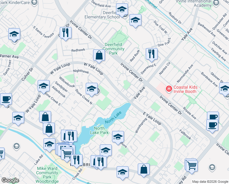 map of restaurants, bars, coffee shops, grocery stores, and more near 1 Pinewood in Irvine