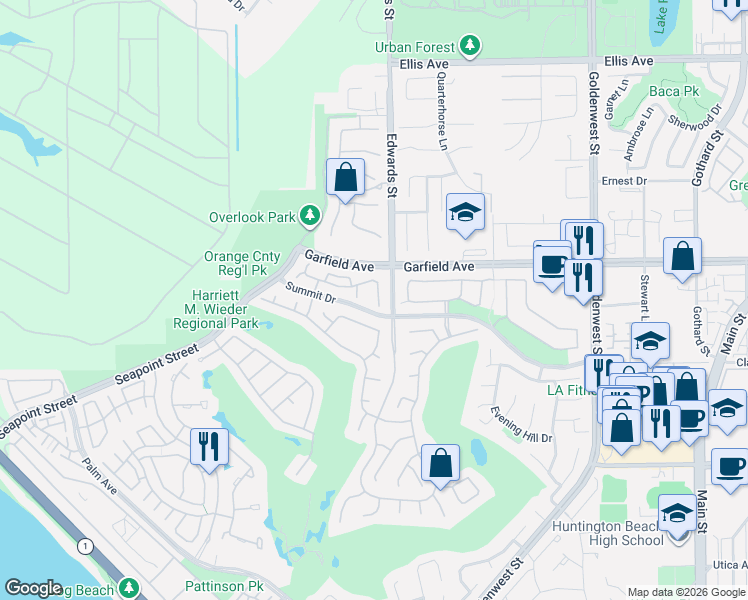 map of restaurants, bars, coffee shops, grocery stores, and more near 19061 Callaway Circle in Huntington Beach