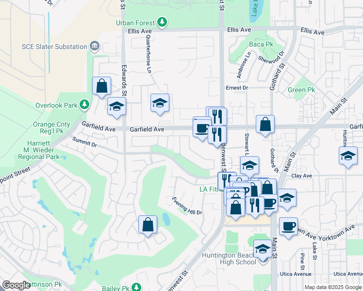 map of restaurants, bars, coffee shops, grocery stores, and more near 19084 Redford Lane in Huntington Beach