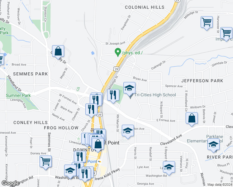 map of restaurants, bars, coffee shops, grocery stores, and more near 2556 Jefferson Ave in East Point