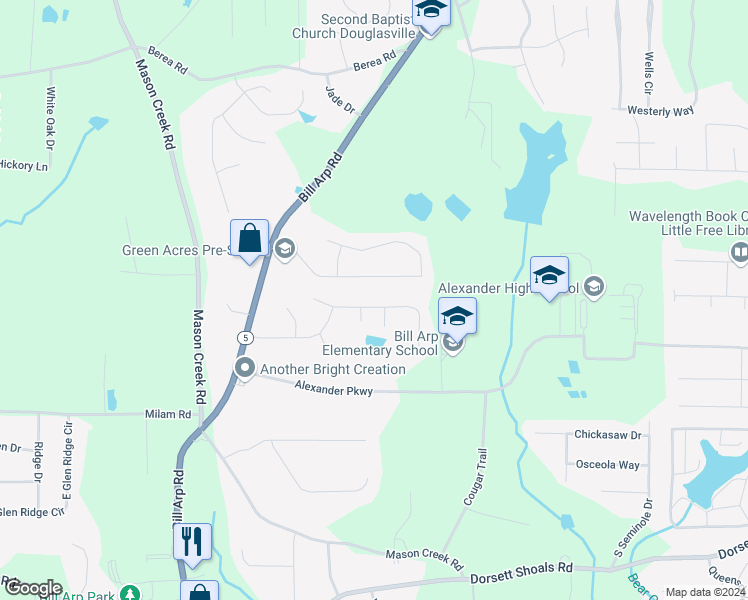 map of restaurants, bars, coffee shops, grocery stores, and more near 6782 Oakland Drive in Douglasville
