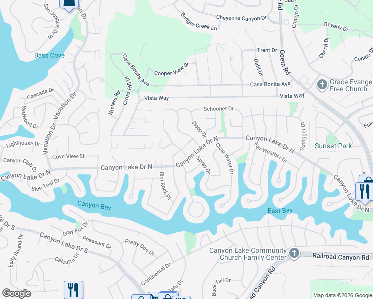 map of restaurants, bars, coffee shops, grocery stores, and more near 29954 Gulf Stream Drive in Canyon Lake