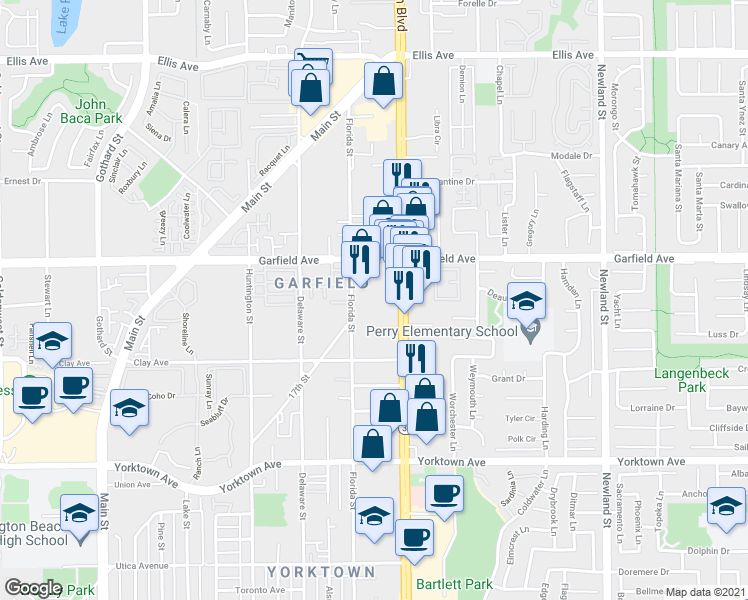 map of restaurants, bars, coffee shops, grocery stores, and more near 19105 Beach Boulevard in Huntington Beach