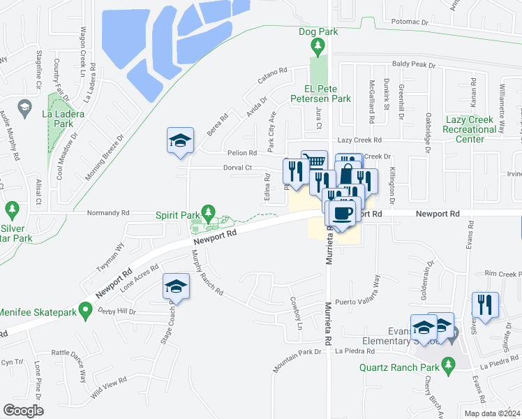 map of restaurants, bars, coffee shops, grocery stores, and more near 25753 Harzburg Road in Menifee