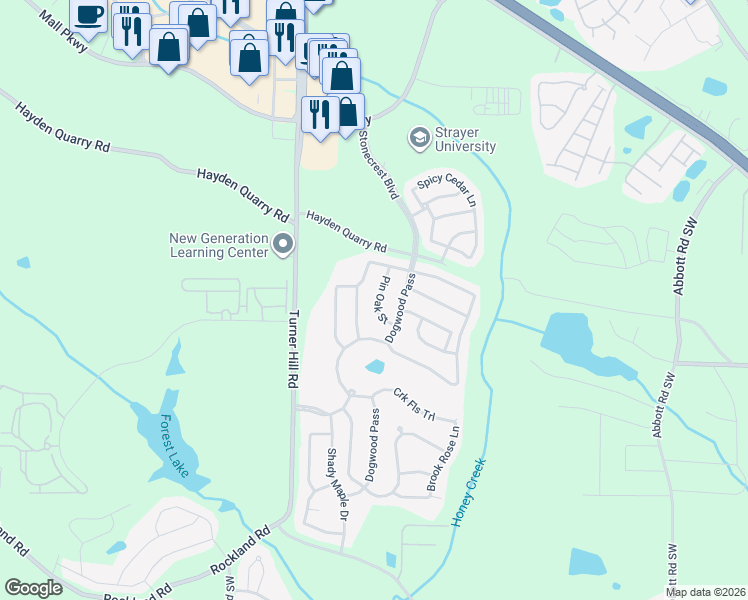 map of restaurants, bars, coffee shops, grocery stores, and more near 3857 Pin Oak Street in Stonecrest