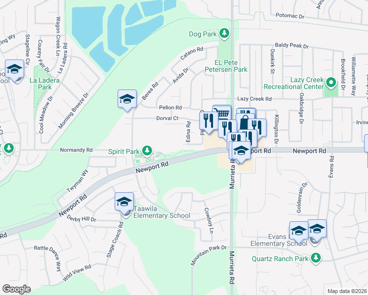 map of restaurants, bars, coffee shops, grocery stores, and more near 25753 Harzburg Road in Menifee