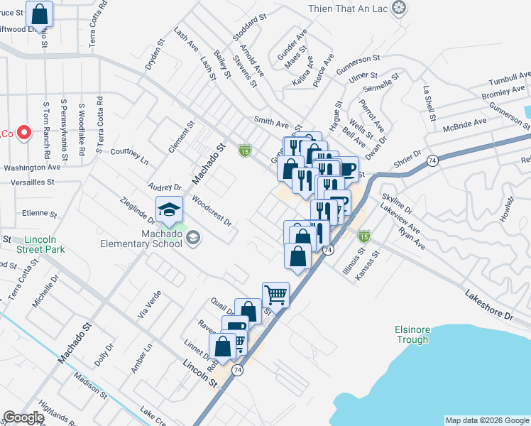 map of restaurants, bars, coffee shops, grocery stores, and more near 32005 Merano Street in Lake Elsinore