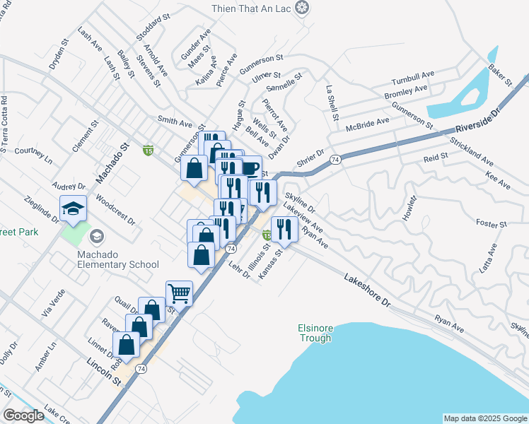 map of restaurants, bars, coffee shops, grocery stores, and more near 30830 Riverside Drive in Lake Elsinore