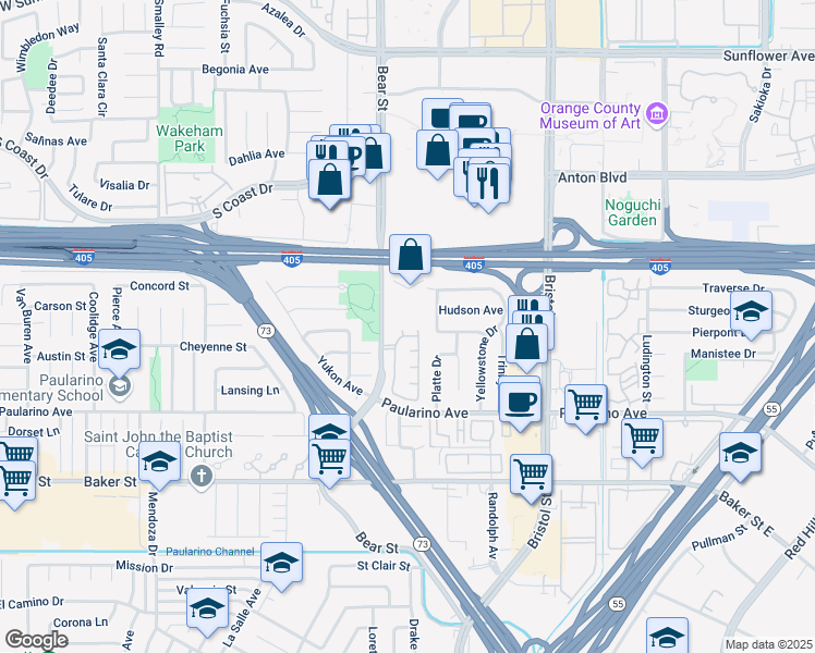 map of restaurants, bars, coffee shops, grocery stores, and more near 3128 Encore Court in Costa Mesa