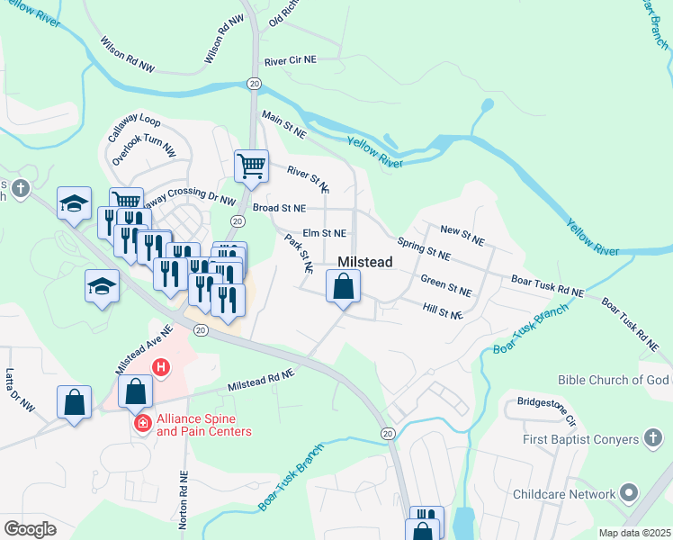 map of restaurants, bars, coffee shops, grocery stores, and more near 1617 Church Street Northeast in Conyers