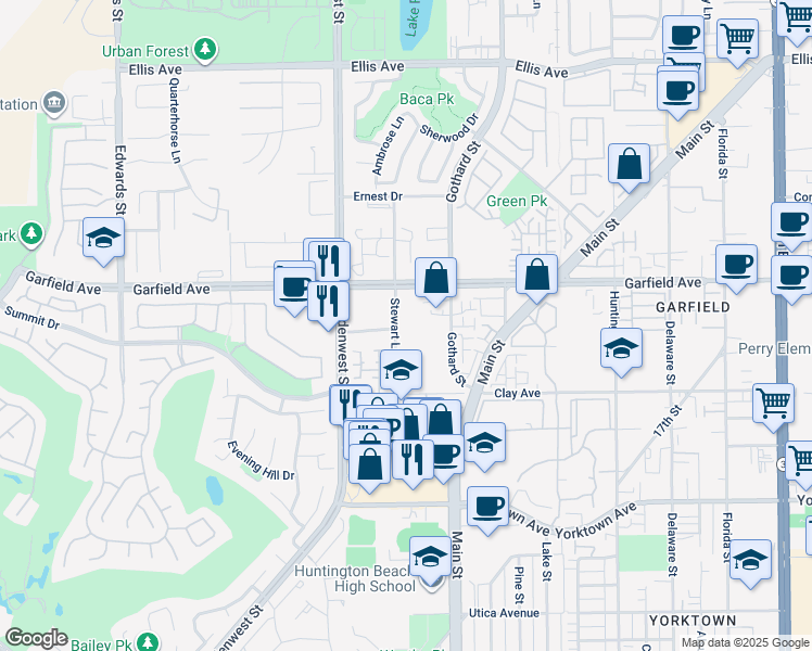 map of restaurants, bars, coffee shops, grocery stores, and more near 19122 Stewart Ln in Huntington Beach