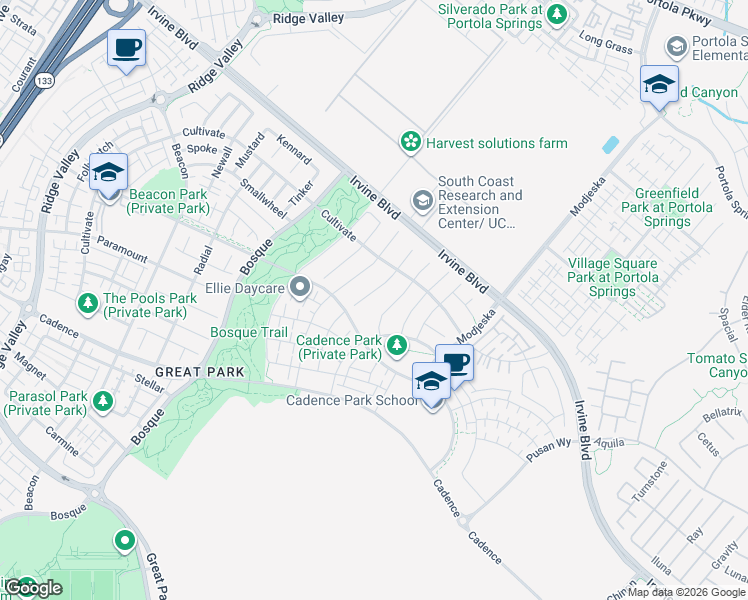 map of restaurants, bars, coffee shops, grocery stores, and more near 130 Balance in Irvine