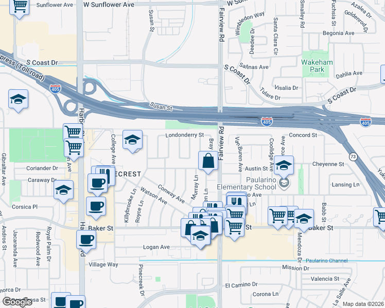 map of restaurants, bars, coffee shops, grocery stores, and more near 3130 Kerry Lane in Costa Mesa