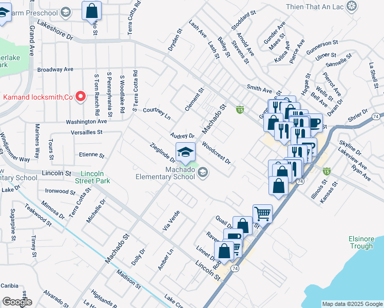 map of restaurants, bars, coffee shops, grocery stores, and more near 684 Parkview Drive in Lake Elsinore