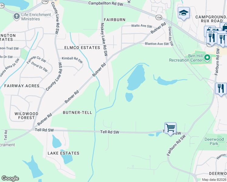 map of restaurants, bars, coffee shops, grocery stores, and more near 2534 Niskey Lake Road Southwest in Atlanta