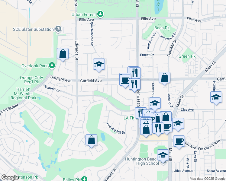 map of restaurants, bars, coffee shops, grocery stores, and more near 19084 Redford Lane in Huntington Beach