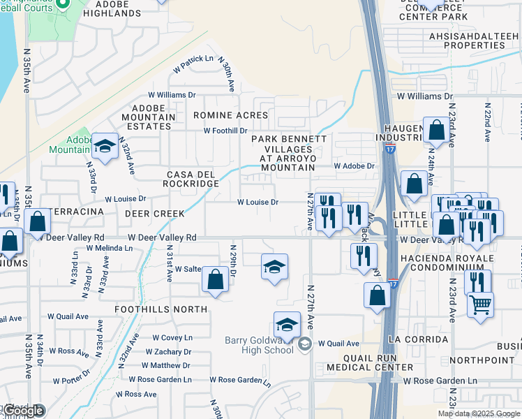 map of restaurants, bars, coffee shops, grocery stores, and more near 2819 West Louise Drive in Phoenix
