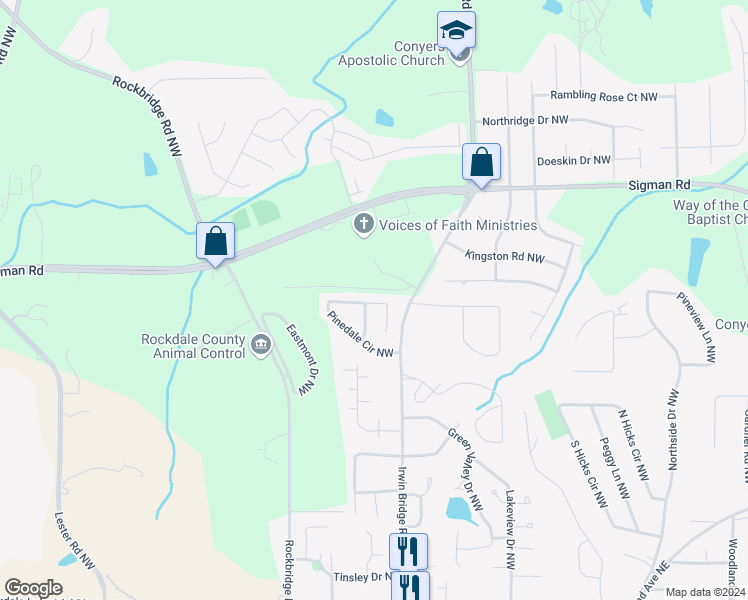 map of restaurants, bars, coffee shops, grocery stores, and more near 1248 Pinedale Circle Northwest in Conyers