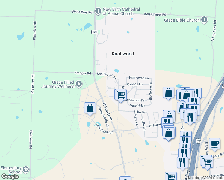 map of restaurants, bars, coffee shops, grocery stores, and more near 5111 North Travis Street in Sherman