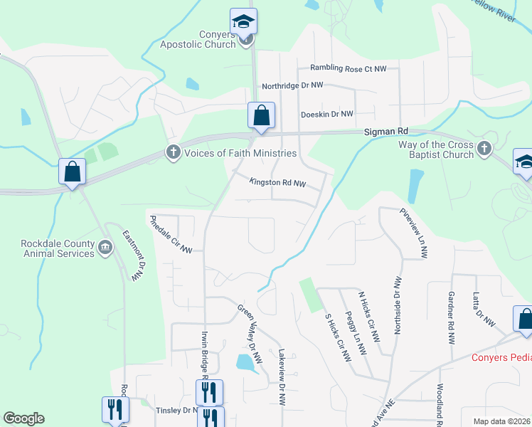 map of restaurants, bars, coffee shops, grocery stores, and more near 1037 Mountain View Road Northwest in Conyers