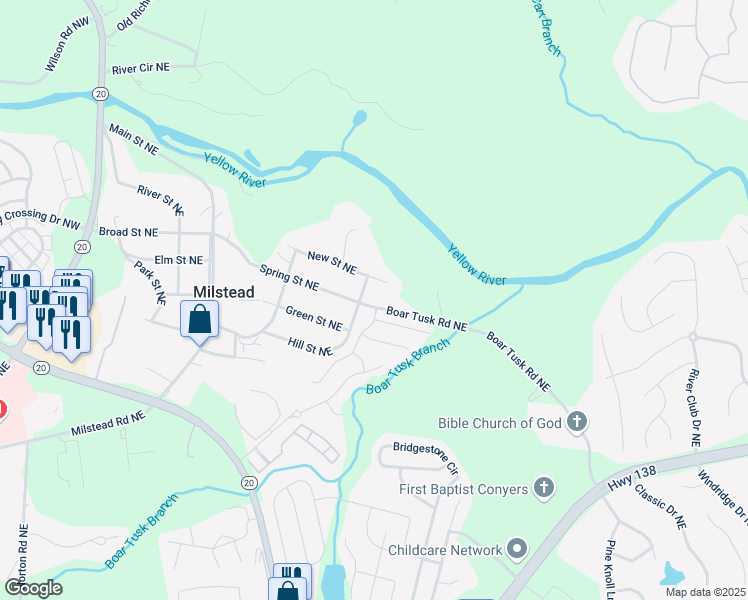 map of restaurants, bars, coffee shops, grocery stores, and more near 1850 Boar Tusk Road Northeast in Conyers