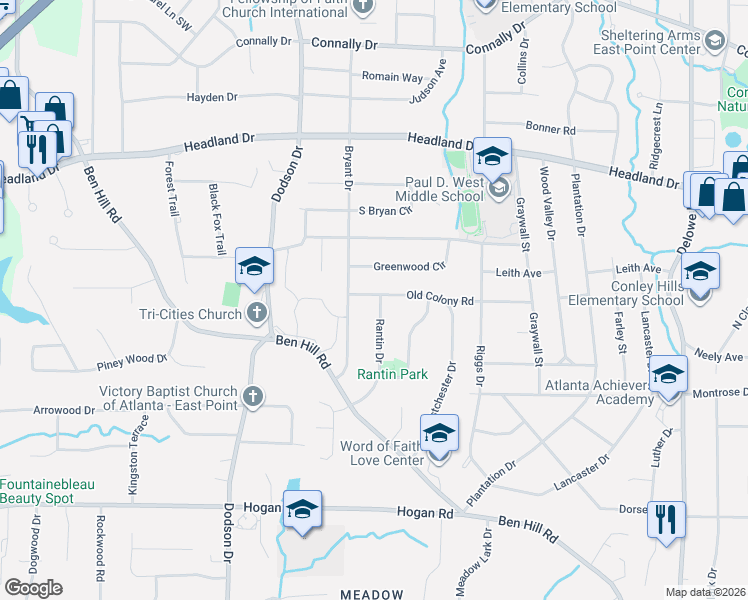 map of restaurants, bars, coffee shops, grocery stores, and more near 2523 Old Colony Road in East Point