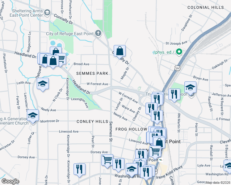 map of restaurants, bars, coffee shops, grocery stores, and more near 1780 West Forrest Avenue in East Point