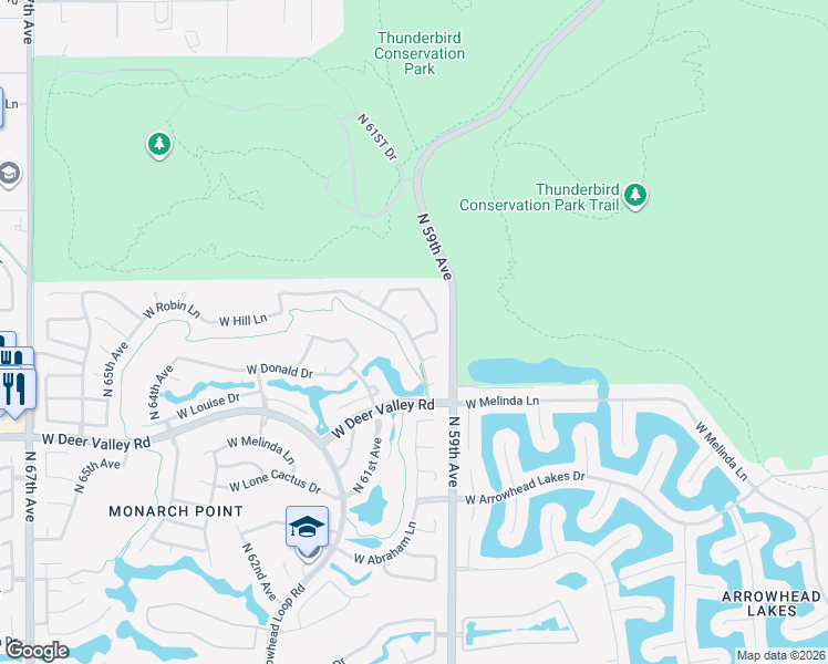 map of restaurants, bars, coffee shops, grocery stores, and more near 5945 West Crest Lane in Glendale