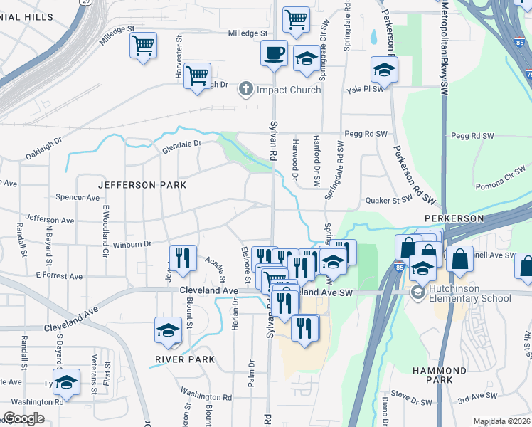 map of restaurants, bars, coffee shops, grocery stores, and more near 2555 Sylvan Road in East Point