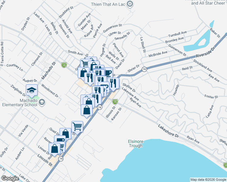 map of restaurants, bars, coffee shops, grocery stores, and more near 30830 Riverside Drive in Lake Elsinore