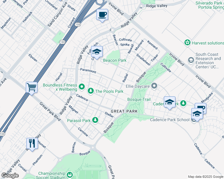map of restaurants, bars, coffee shops, grocery stores, and more near 124 Cruiser in Irvine