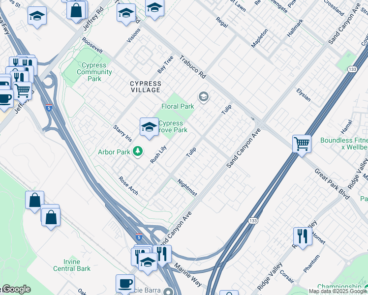 map of restaurants, bars, coffee shops, grocery stores, and more near 71 Thornapple in Irvine