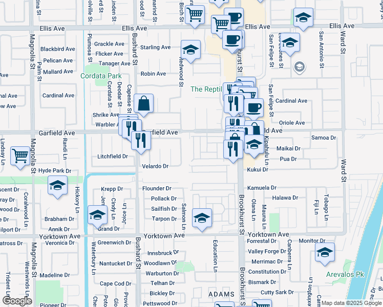 map of restaurants, bars, coffee shops, grocery stores, and more near 9850 Garfield Avenue in Huntington Beach