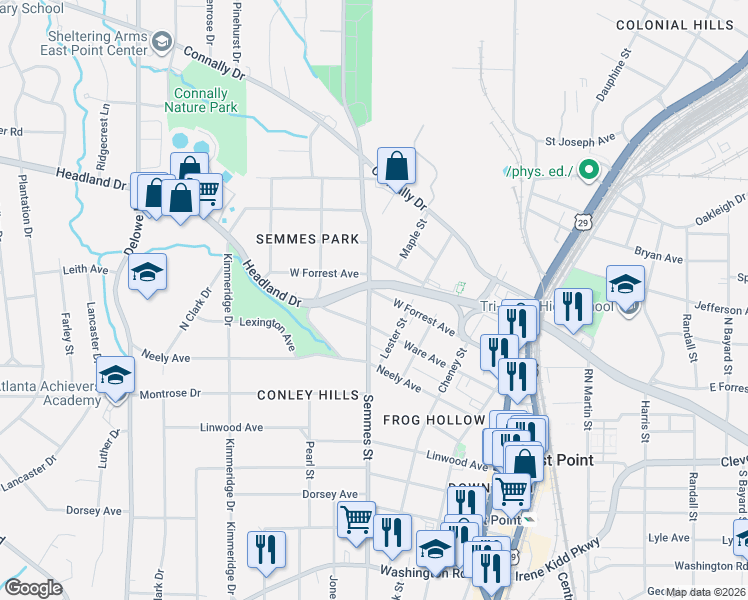 map of restaurants, bars, coffee shops, grocery stores, and more near 2556 Semmes Street in East Point