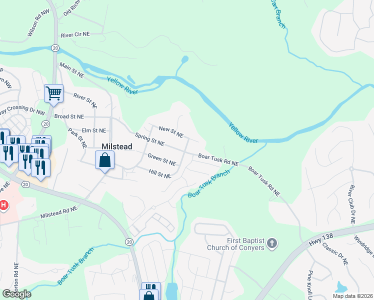 map of restaurants, bars, coffee shops, grocery stores, and more near 1830 Spring Street Northeast in Conyers