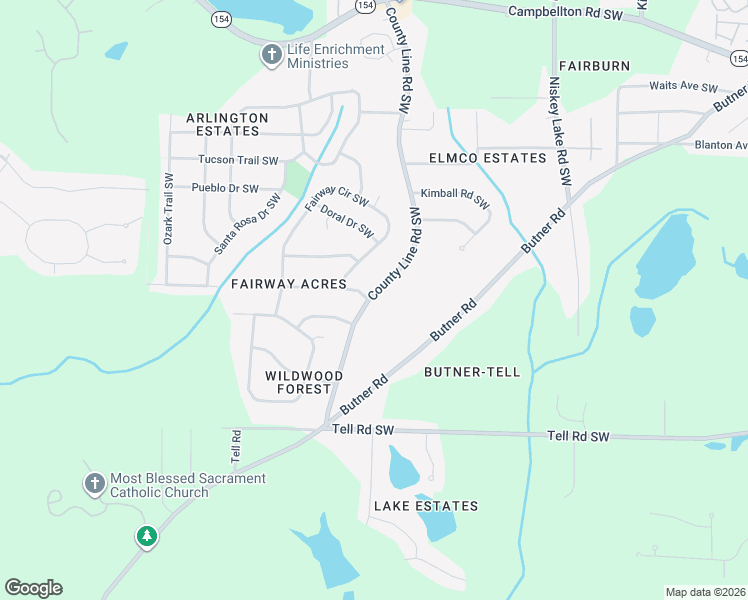 map of restaurants, bars, coffee shops, grocery stores, and more near 2560 County Line Road Southwest in Atlanta