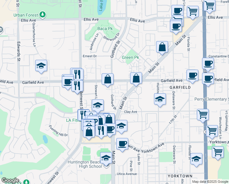 map of restaurants, bars, coffee shops, grocery stores, and more near 19109 Azul Lane in Huntington Beach