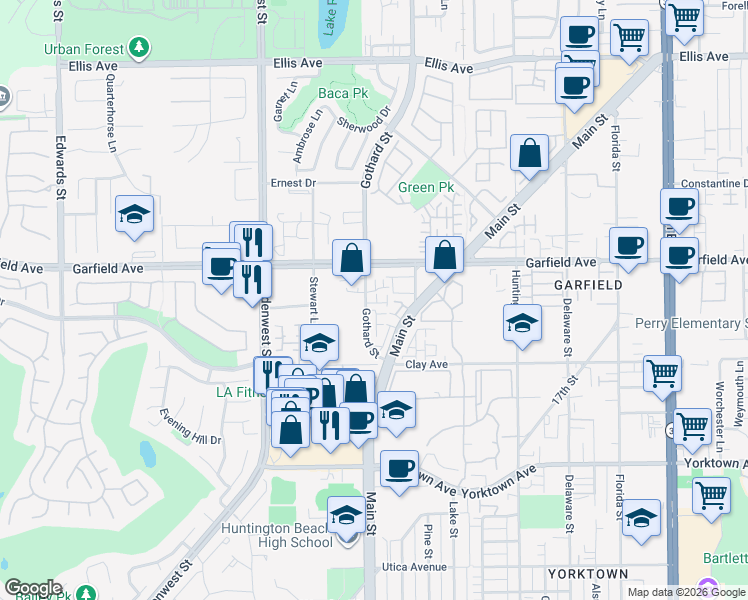 map of restaurants, bars, coffee shops, grocery stores, and more near 19051 Gothard Street in Huntington Beach