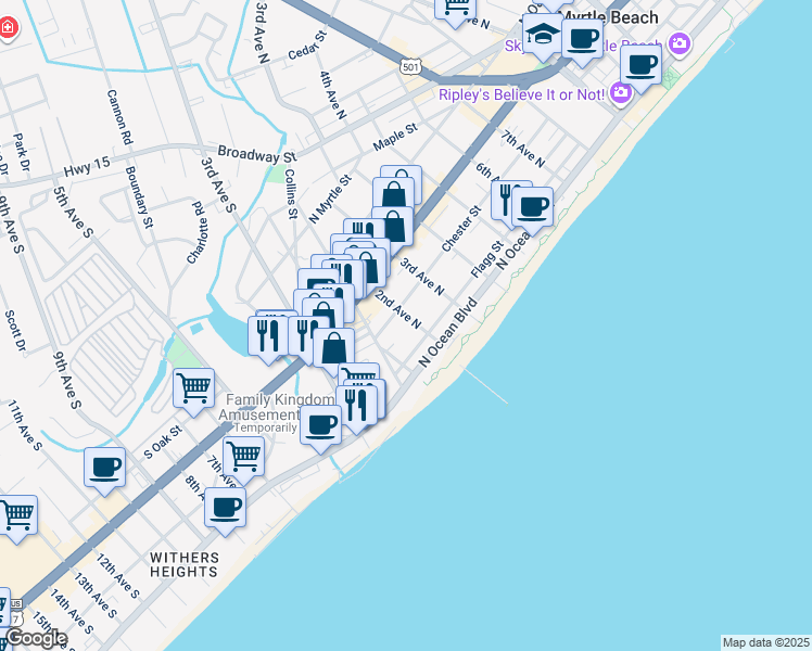 map of restaurants, bars, coffee shops, grocery stores, and more near 309 2nd Avenue North in Myrtle Beach