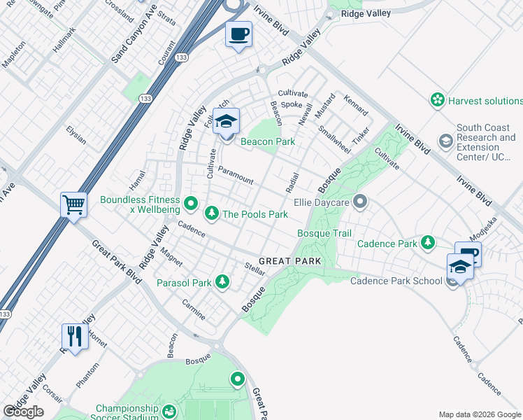map of restaurants, bars, coffee shops, grocery stores, and more near 124 Cruiser in Irvine