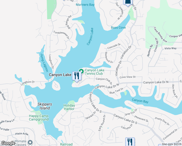 map of restaurants, bars, coffee shops, grocery stores, and more near 22400 Canyon Club Drive in Canyon Lake