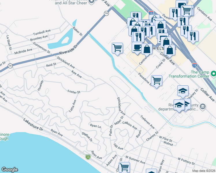 map of restaurants, bars, coffee shops, grocery stores, and more near 18031 Strickland Avenue in Lake Elsinore