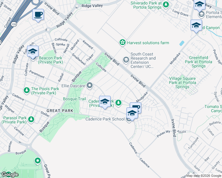 map of restaurants, bars, coffee shops, grocery stores, and more near 130 Balance in Irvine