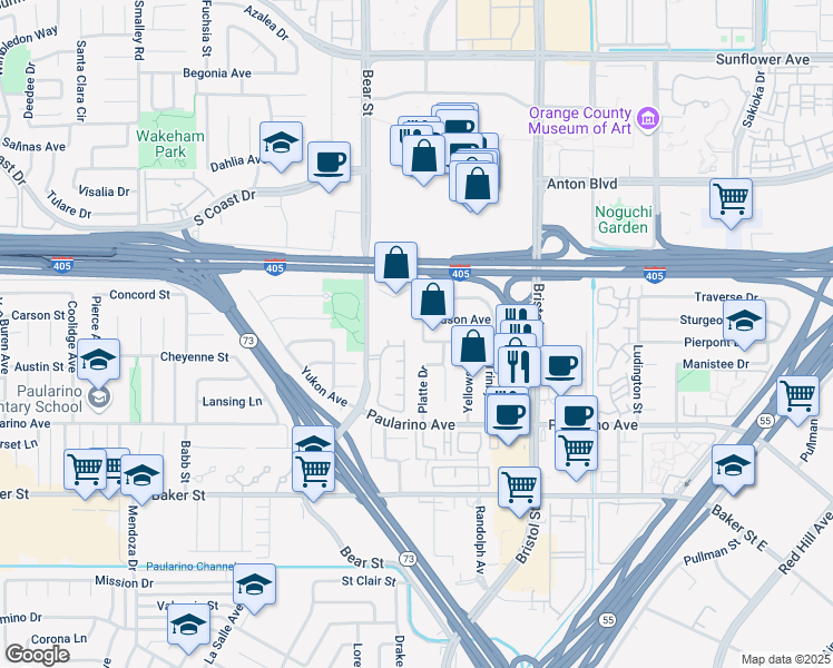 map of restaurants, bars, coffee shops, grocery stores, and more near 783 Hudson Avenue in Costa Mesa