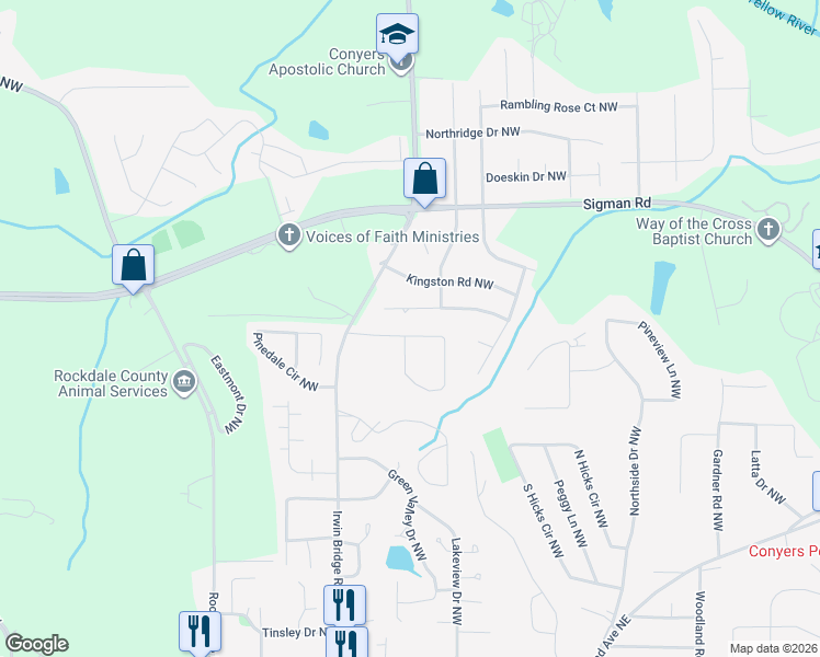 map of restaurants, bars, coffee shops, grocery stores, and more near 1059 Meadowbrook Lane Northwest in Conyers